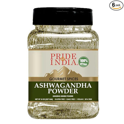 Pride Of India - PACK of 6 - Natural Ashwagandha Root Ground – Health Benefits – Good for Energy Level/Body Functions – No Gluten/Additives – Easy to Store – 8 oz. Medium Dual Sifter Jar