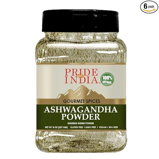 Pride Of India - PACK of 6 - Natural Ashwagandha Root Ground – Health Benefits – Good for Energy Level/Body Functions – No Gluten/Additives – Easy to Store – 8 oz. Medium Dual Sifter Jar