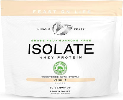 Muscle Feast Grass-Fed Whey Protein Isolate, All Natural Hormone Free Pasture Raised, Whey Isolate Protein Powder for Men and Women, Clean, Gluten-Free, Delicious Isolate Protein - Vanilla, 2lb