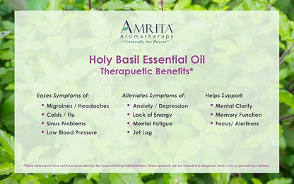 Organic Holy Basil (Tulsi) Essential Oil; 100% Pure and Undiluted Ocimum Sanctum; Premium Quality Aromatherapy Oil; Tested and Verified, Size: 10 mL (0.34 Fl. Oz.)