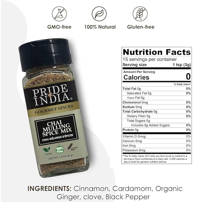 Pride of India – Chai Masala Mulling Spice Mix – Gourmet Spice Mix for Teas & Coffee – Caffeine Free – Authentic Mulling Spice Blend – 1.6 oz. Small Dual Sifter Bottle