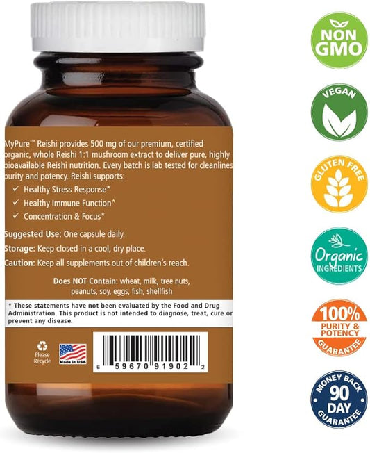 PURE ESSENCE LABS MyPure Reishi Organic Mushrooms Supplement - 100% Real Mushroom Extract for Immune Support, Stress Relief, Build Energy (60 Capsules)