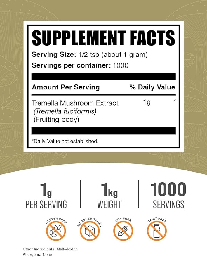 BulkSupplements.com Tremella Mushroom Extract - Tremella Fuciformis Extract, Mushroom Supplement - Vegan & Gluten Free, 1g per Serving, 1kg (2.2 lbs) (Pack of 1)