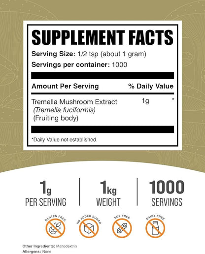 BulkSupplements.com Tremella Mushroom Extract - Tremella Fuciformis Extract, Mushroom Supplement - Vegan & Gluten Free, 1g per Serving, 1kg (2.2 lbs) (Pack of 1)