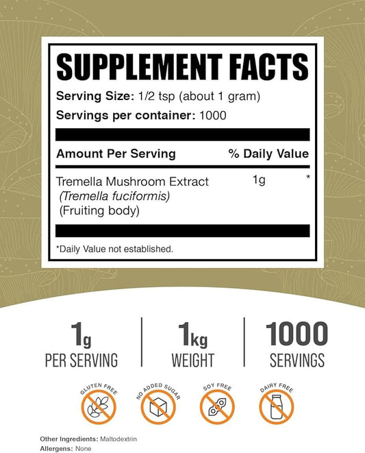 BulkSupplements.com Tremella Mushroom Extract - Tremella Fuciformis Extract, Mushroom Supplement - Vegan & Gluten Free, 1g per Serving, 1kg (2.2 lbs) (Pack of 1)