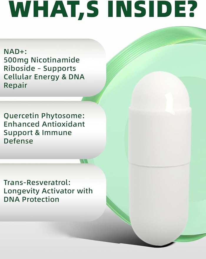 NAD+ Supplement with, Nicotinamide Riboside & Resveratrol 900mg – Anti-Aging Support for Women & Men, NMN Alternative, Vegan Non-GMO - 100 Capsules