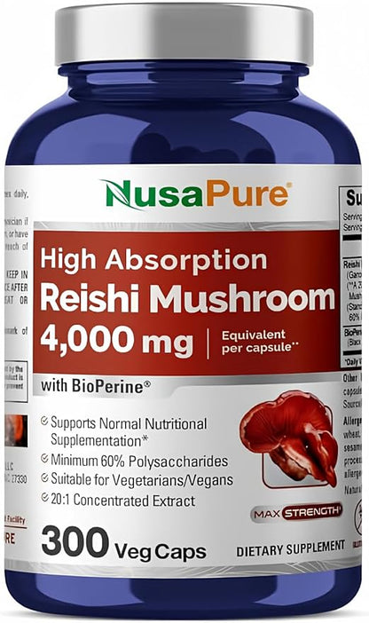 NusaPure Reishi Mushroom Extract 20:1 Extract, 200 mg Equivalent to 4000mg per Capsule 300 Veggie Caps Vegan, Non-GMO, Gluten-Free