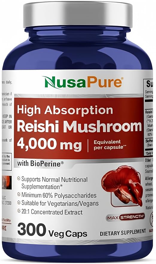 NusaPure Reishi Mushroom Extract 20:1 Extract, 200 mg Equivalent to 4000mg per Capsule 300 Veggie Caps Vegan, Non-GMO, Gluten-Free