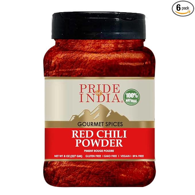 Pride Of India - PACK of 6 - Red Chili Ground – Traditional Indian Spice – Ideal for Gourmet & Savory Dishes Dishes – GMO/Gluten Free – Easy to Store - 8oz. Medium Dual Sifter Jar