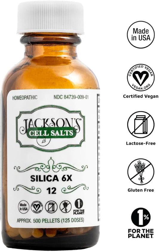 Jackson’s #12 Cell Salt Silica 6X (500 Pellet Bottle) - Certified Vegan, Lactose-Free Schuessler Tissue Salt Silicea 6X (Made in The USA)