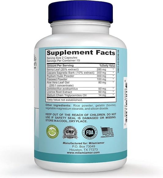 Mila Miamor 15 Day Cleanse - Gut and Colon Support - Advanced Gut Cleanse Detox for Women & Men with Senna, Cascara Sagrada & Psyllium Husk - Non-GMO - Made in USA - 30 Capsules
