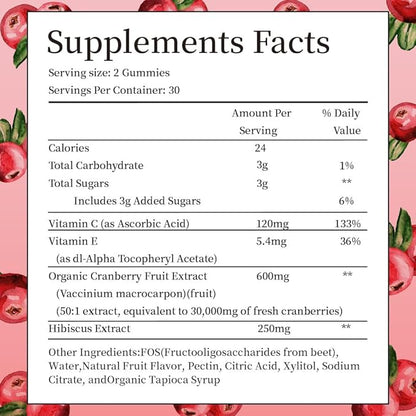 Cranberry Gummies Urinary Tract Health for Women & Men, 50X Concentrate Extrac, Vitamin C & E, Cranberry Gummies for Women with Hibiscus to Support Immune, 120 Counts