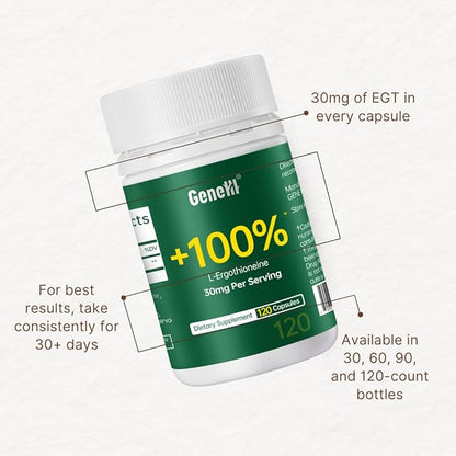 L-Ergothioneine Supplement, 30mg(EGT)/Serving, 6X Ergothioneine Mushroom Extract Supplements Longevity, Immune Support, Heart Health & Brain Supplement, Lab Tested, Made in USA (120 Servings)