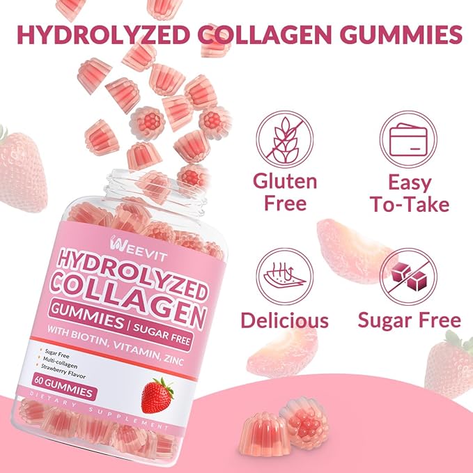 Sugar Free Collagen Gummies for Women, Collagen Protein Type I,II,III,V,X with Biotin Vitamin C D B12, Hydrolyzed Collagen Peptides Gummies for Immune Digestion Skin Hair Nails Energy Bone