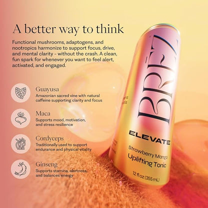 BRĒZ ELEVATE Cordyceps Mushroom Drink, Non-Infused Uplifting Tonic with Cordyceps, Guayusa, Maca & Ginseng, Vegan Adaptogen Drink for Focus, Drive & Mental Clarity, Strawberry Mango, 12 fl oz, 24 Pack