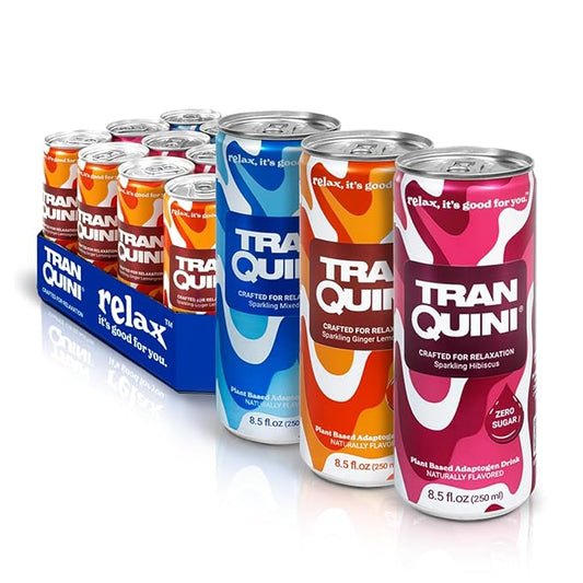 Tranquini Adaptogen Drink, Calming Sparkling Water, Gluten Free, Sugar Free Non Alcoholic Beverage with Ashwagandha Root Extract, 8.5 Fl Oz Cans (8.5 Fl Oz (Pack of 12), Variety Pack)