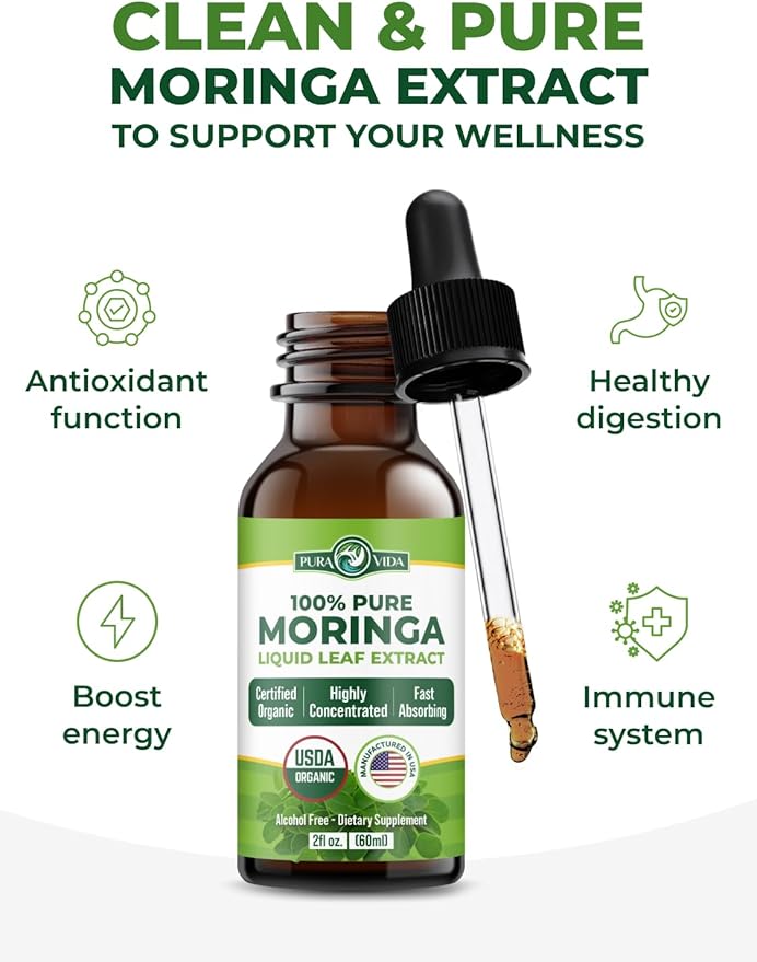 PURA VIDA MORINGA Leaf Extract Liquid Drops - USDA Organic Certified - Highly Purified, Bioavailable & Faster Absorption than Moringa Powder or Capsules - Single Origin Moringa Oleifera Leaves Extract
