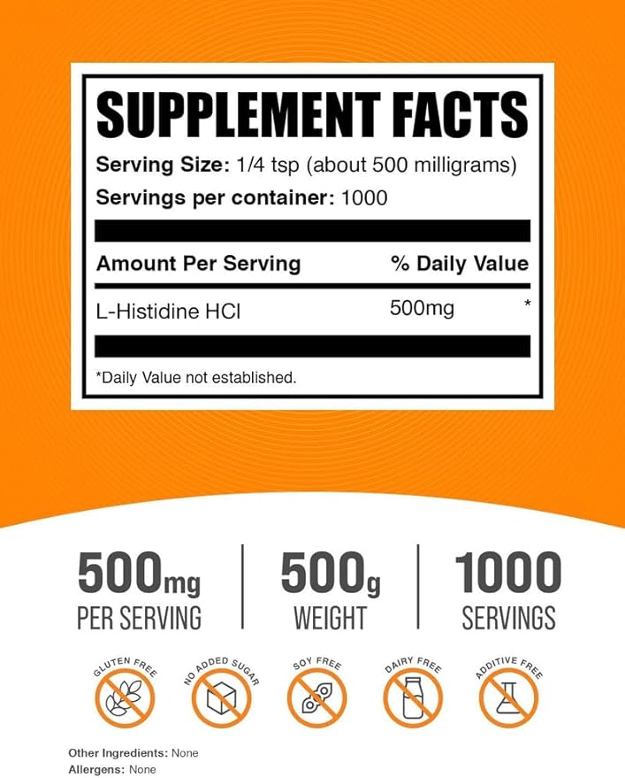 BulkSupplements.com L-Histidine HCl Powder - L-Histidine Supplement - Essential Amino Acid, Gluten Free, 500mg per Serving, 500g (1.1 lbs) (Pack of 1)