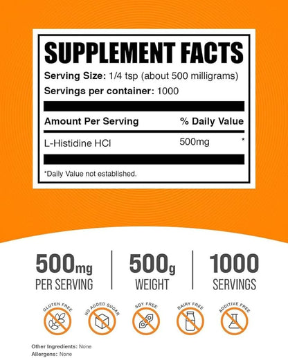 BulkSupplements.com L-Histidine HCl Powder - L-Histidine Supplement - Essential Amino Acid, Gluten Free, 500mg per Serving, 500g (1.1 lbs) (Pack of 1)