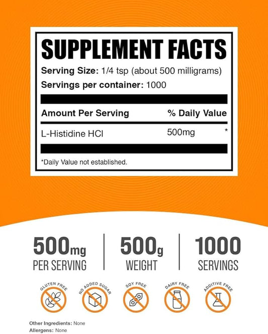 BulkSupplements.com L-Histidine HCl Powder - L-Histidine Supplement - Essential Amino Acid, Gluten Free, 500mg per Serving, 500g (1.1 lbs) (Pack of 1)