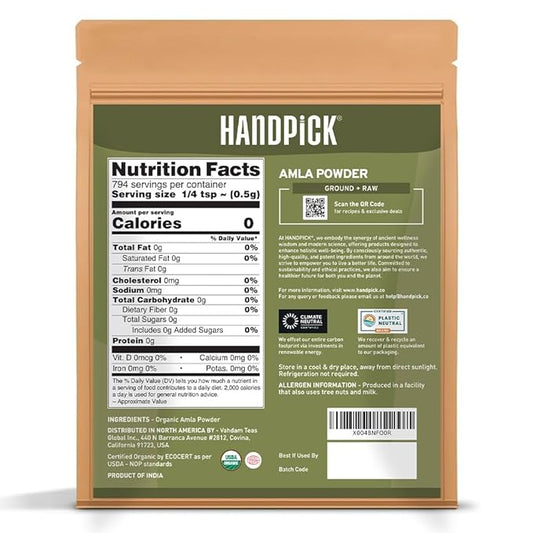 HANDPICK Organic Amla Powder (14oz) Amalaki, USDA Organic, Non-GMO | 100% Raw and Natural - Lab Tested for Purity | Indian Gooseberry Powder | Resealable Zip Lock Pouch