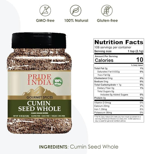 Pride of India - PACK of 6 - Cumin Seed Whole – Gourmet Indian Spice – Excellent for Culinary Uses – Fresh and Quality Seeds – Adds Flavor & Aroma - Easy to Store – 8 oz. Medium Dual Sifter Bottle