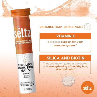 Seltz® Water-Activated Vitamins - Enhance Hair, Skin & Nails with Vitamin C, Silica, and Biotin – Natural Blood Orange Flavor Dietary Supplement - 6 Packs x 20 Effervescent Tablets Each