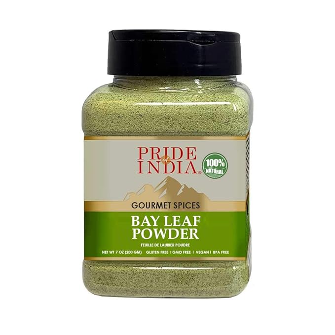 Pride of India – Bay Leaf Powder – Fresh & Authentic Bay Leaf Ground – Gourmet Spice – Good for Seasoning Stews/Soups/Tea – Easy to Store – 7 oz. Medium Dual Sifter Jar