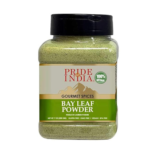 Pride of India – Bay Leaf Powder – Fresh & Authentic Bay Leaf Ground – Gourmet Spice – Good for Seasoning Stews/Soups/Tea – Easy to Store – 7 oz. Medium Dual Sifter Jar