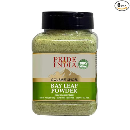 Pride of India - PACK of 6 - Bay Leaf Powder – Fresh & Authentic Bay Leaf Ground – Gourmet Spice – Good for Seasoning Stews/Soups/Tea – Easy to Store – 7 oz. Medium Dual Sifter Jar