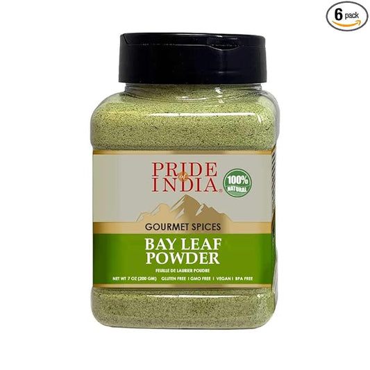 Pride of India - PACK of 6 - Bay Leaf Powder – Fresh & Authentic Bay Leaf Ground – Gourmet Spice – Good for Seasoning Stews/Soups/Tea – Easy to Store – 7 oz. Medium Dual Sifter Jar