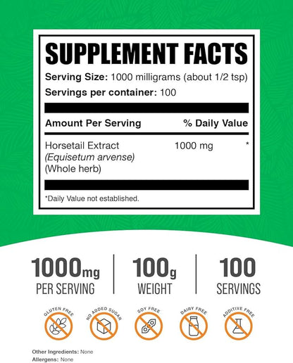 BulkSupplements.com Horsetail Extract Powder - Horsetail Herb - Silica Supplements, Gluten Free, 1g per Serving, 100g (3.5 oz) (Pack of 1)