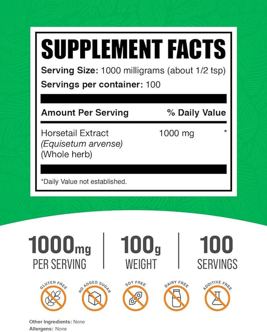 BulkSupplements.com Horsetail Extract Powder - Horsetail Herb - Silica Supplements, Gluten Free, 1g per Serving, 100g (3.5 oz) (Pack of 1)