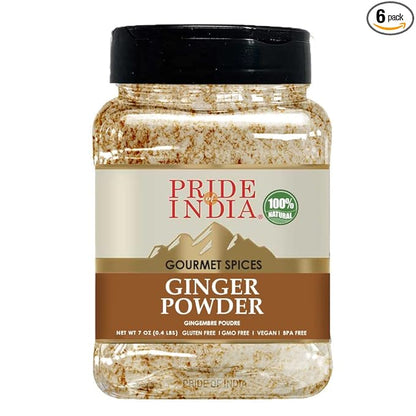 Pride of India - PACK of 6 - Ginger Fine Ground – Gourmet Spice – Blends Well – Good for Cooking/Baking/Tea & More – No Additives – Fresh Root Powder – Easy to Store – 8oz. Medium Dual Sifter Bottle
