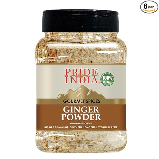 Pride of India - PACK of 6 - Ginger Fine Ground – Gourmet Spice – Blends Well – Good for Cooking/Baking/Tea & More – No Additives – Fresh Root Powder – Easy to Store – 8oz. Medium Dual Sifter Bottle