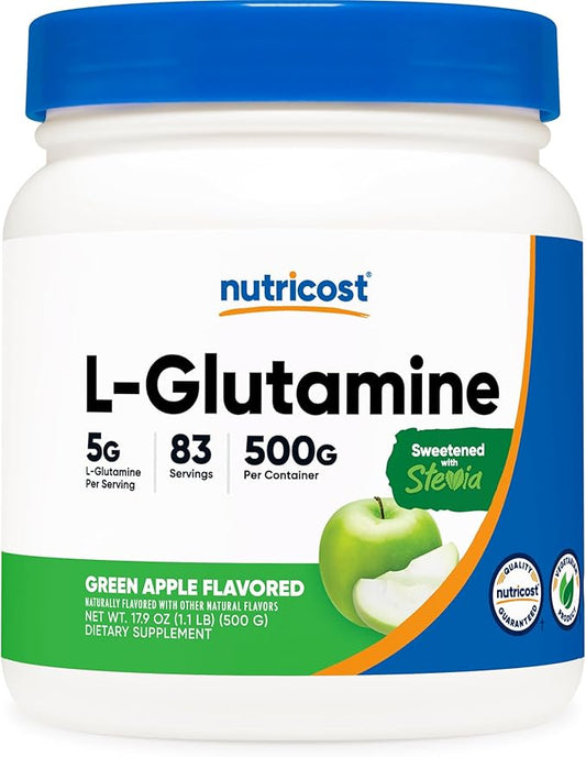 Nutricost L-Glutamine Powder Supplement (Green Apple) 500g - Gut Support, 5 Grams per Serving, Sweetened with Stevia - Gluten Free, Non GMO