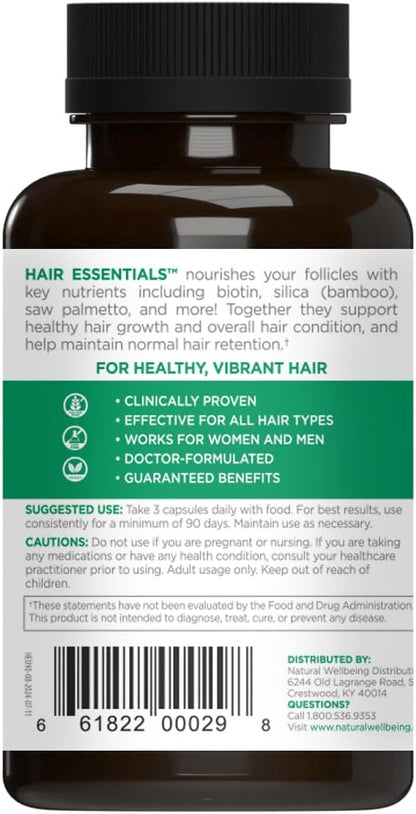 Natural Wellbeing Hair Essentials - Supports Healthy Hair with Saw Palmetto (for DHT), Biotin, Bamboo Silica - Natural Supplement for Women and Men. 90 Veg Caps (1-Month Supply)