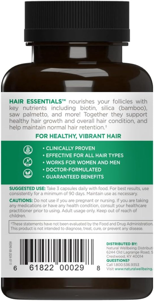 Natural Wellbeing Hair Essentials - Supports Healthy Hair with Saw Palmetto (for DHT), Biotin, Bamboo Silica - Natural Supplement for Women and Men. 90 Veg Caps (1-Month Supply)