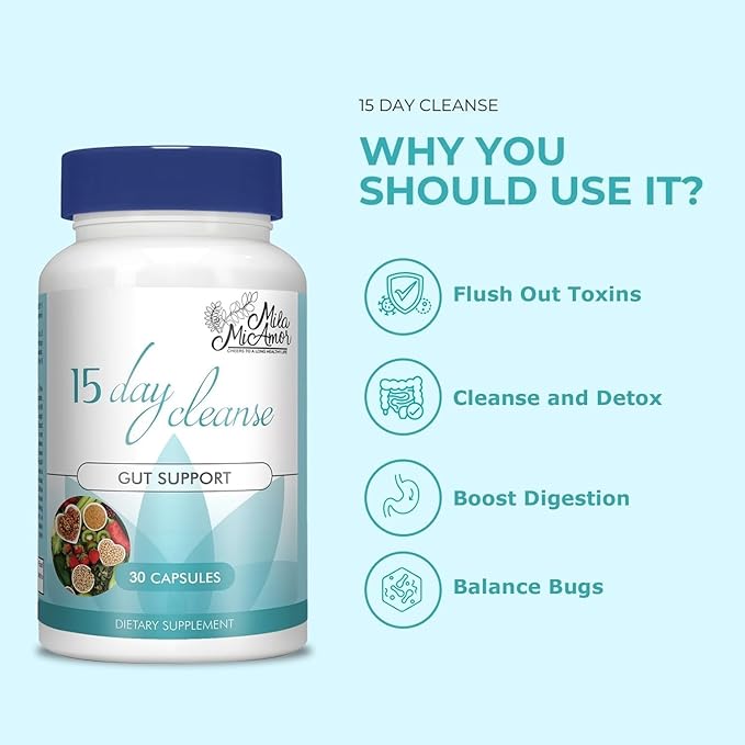 Mila Miamor 15 Day Cleanse - Gut and Colon Support - Advanced Gut Cleanse Detox for Women & Men with Senna, Cascara Sagrada & Psyllium Husk - Non-GMO - Made in USA - 30 Capsules