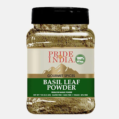 Pride of India Basil Powder | Dried Basil Leaves | Gourmet Culinary Basil Spice | Aromatic Dry Basil for Pesto/Stews/Curries | No Additives & Easy to Store | Medium Dual Sifter Jar - 7 oz