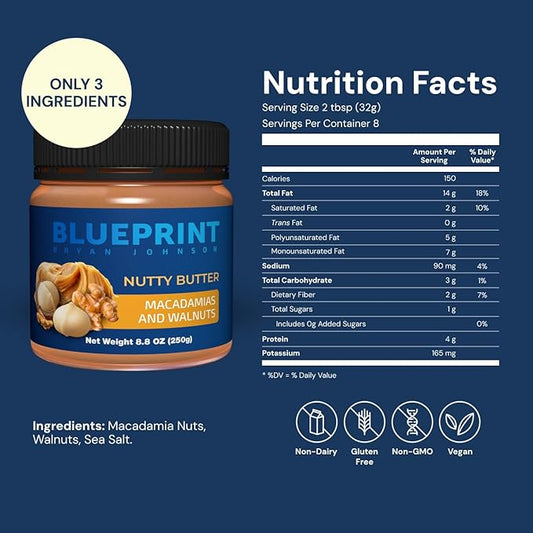 Blueprint Bryan Johnson Nutty Butter – Chunky Macadamia Nut Butter with Walnut – No Palm Oil, No Added Sugar – Just 3 Ingredient Nut Butter– Keto, Vegan, Paleo – Low Carb Nut Butter Snack – 8.8oz Jar