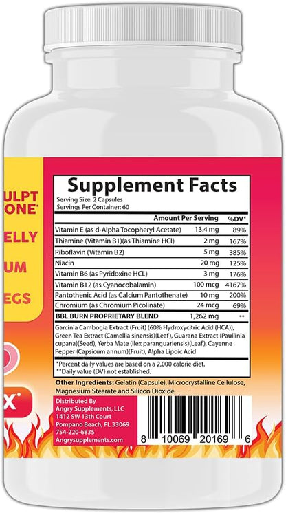 Better Booty BBL Burn Thermogenic Complex Capsules, Tone & Sculpt Belly, Bum + Legs w. Garcinia Cambogia, Guarana, Green Tea Ext, ALA, & Cayenne Pepper Supplement (120ct, 60 Servings)
