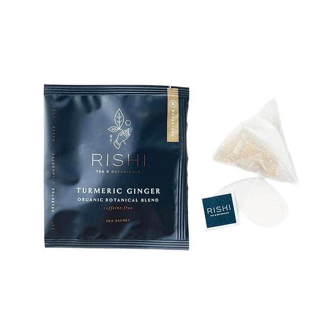 Rishi Tea Turmeric Ginger Herbal Tea - Organic Sachet Bags, Caffeine Free Ayurvedic Digestive Blend with Spicy Ginger & Citrus, Hot or Iced - 50 Count