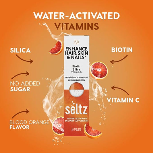 Seltz® Water-Activated Vitamins - Enhance Hair, Skin & Nails with Vitamin C, Silica, and Biotin – Natural Blood Orange Flavor Dietary Supplement - 6 Packs x 20 Effervescent Tablets Each