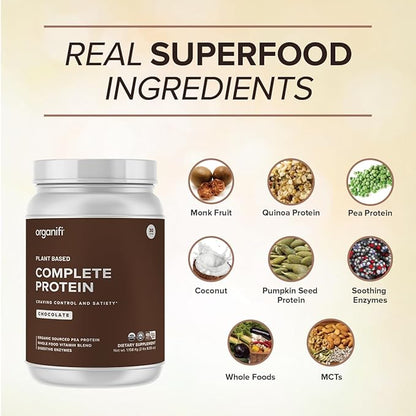 Organifi Complete Protein Chocolate Flavor - Organic Vegan Plant Based Protein Powder with Digestive Enzymes - 30 Day Supply - No Soy, Dairy, or Gluten