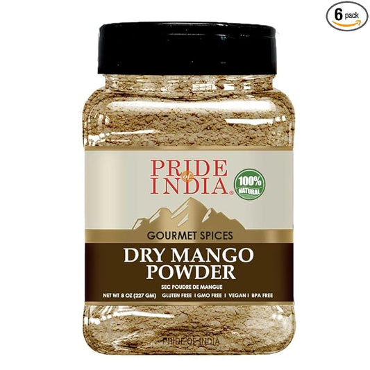 Pride Of India - PACK of 6 - Dry Mango Powder 8 oz (226.79 gm) Medium Dual Sifter Jar | Amchur for Flavor and Taste | Gourmet Indian Spice | No Fillers or Artificial Colorants | Easy to Store