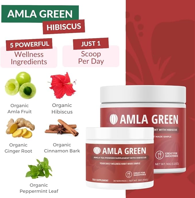 Amla Powder & Green Tea Superfood Supplement with Indian Gooseberries & Hibiscus, Organic, Vegan, 30 Servings