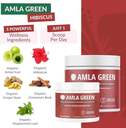 Amla Powder & Green Tea Superfood Supplement with Indian Gooseberries & Hibiscus, Organic, Vegan, 30 Servings