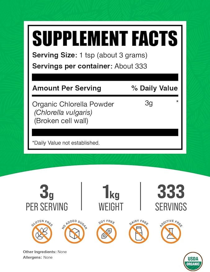 BulkSupplements.com Organic Chlorella Powder - Broken Cell Wall, Green Superfood Powder, Chlorella Supplement - Gluten Free, 3g per Serving, 1kg (2.2 lbs) (Pack of 1)