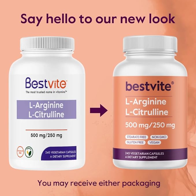 BESTVITE L-Arginine L-Citrulline 500mg / 250mg Vegan (240 Vegetarian Capsules) - No Stearates - No Dicalcium Phosphate - Non GMO - Gluten Free